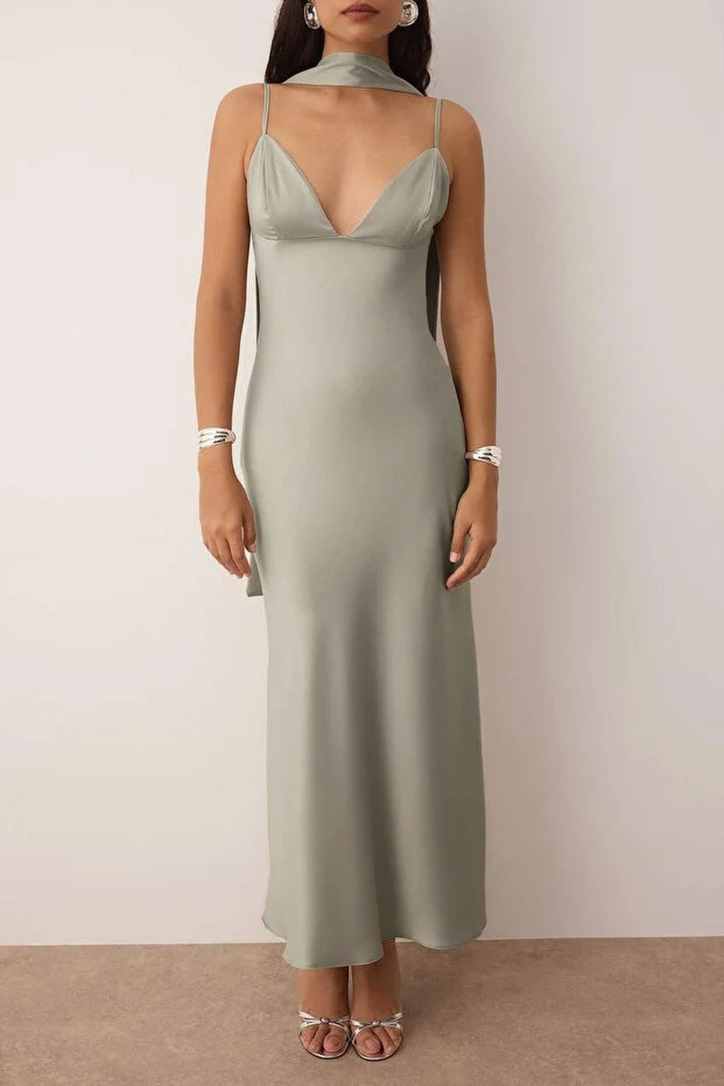 Scarf Detail Satin Maxi Dress with Strappy Design