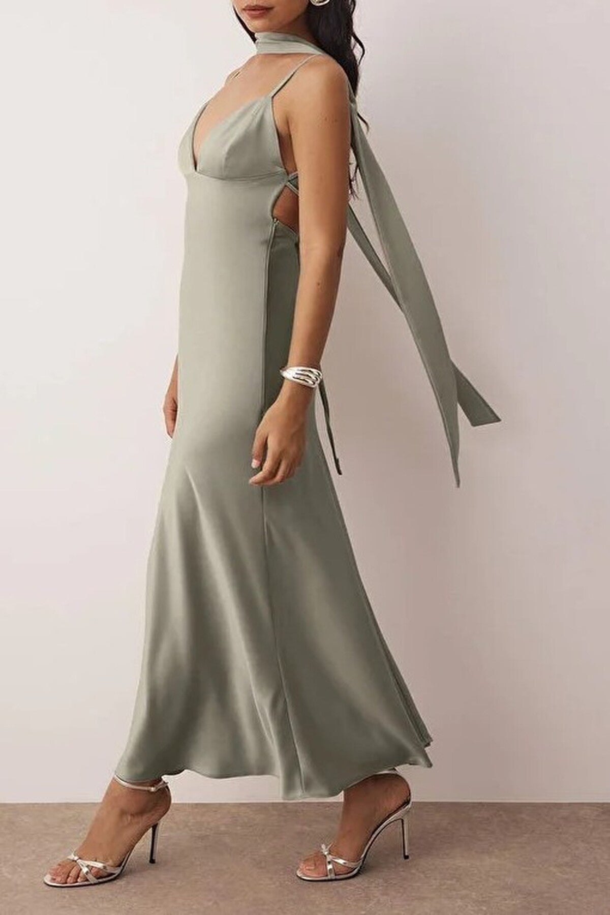 Scarf Detail Satin Maxi Dress with Strappy Design