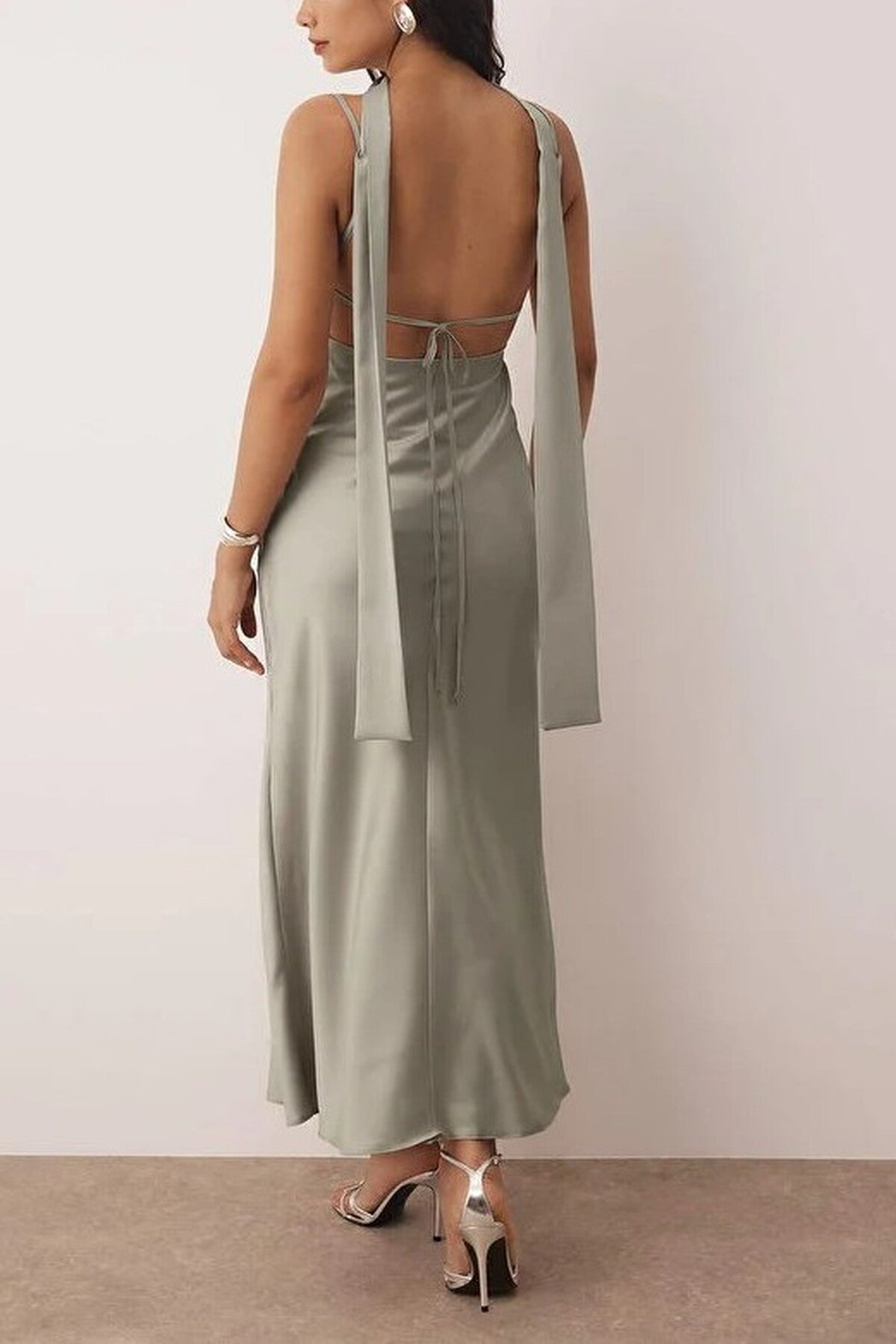 Scarf Detail Satin Maxi Dress with Strappy Design