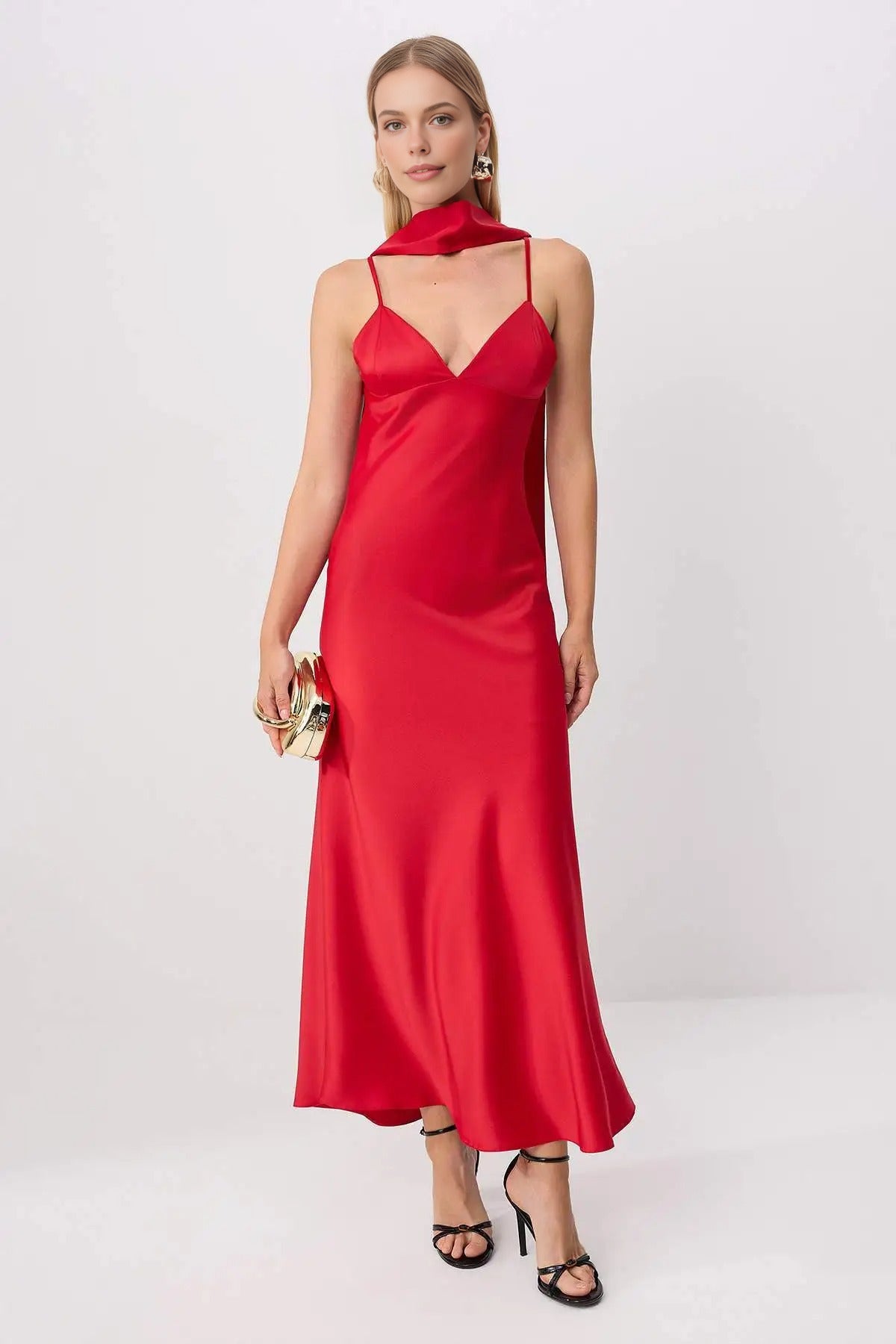 Scarf Detail Satin Maxi Dress with Strappy Design