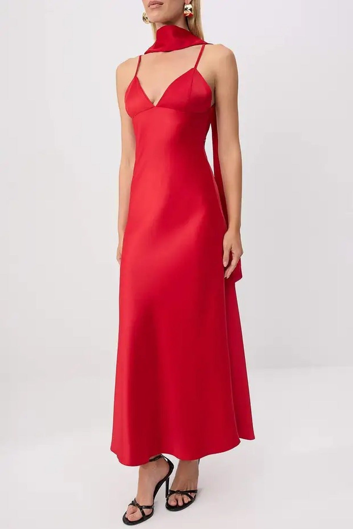 Scarf Detail Satin Maxi Dress with Strappy Design