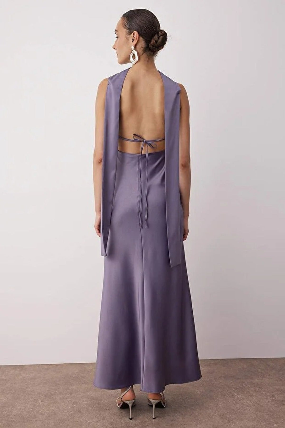 Scarf Detail Satin Maxi Dress with Strappy Design