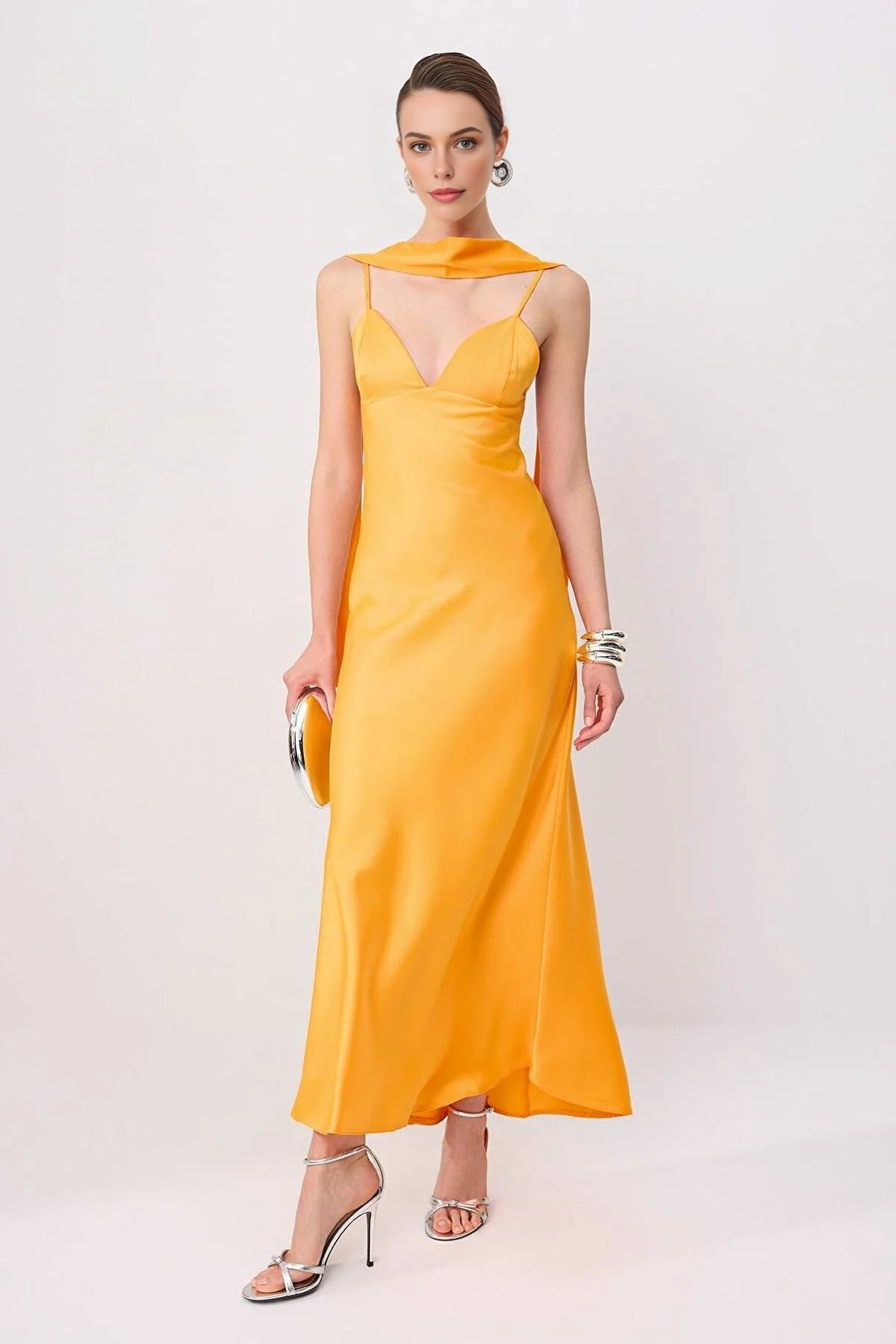 Scarf Detail Satin Maxi Dress with Strappy Design