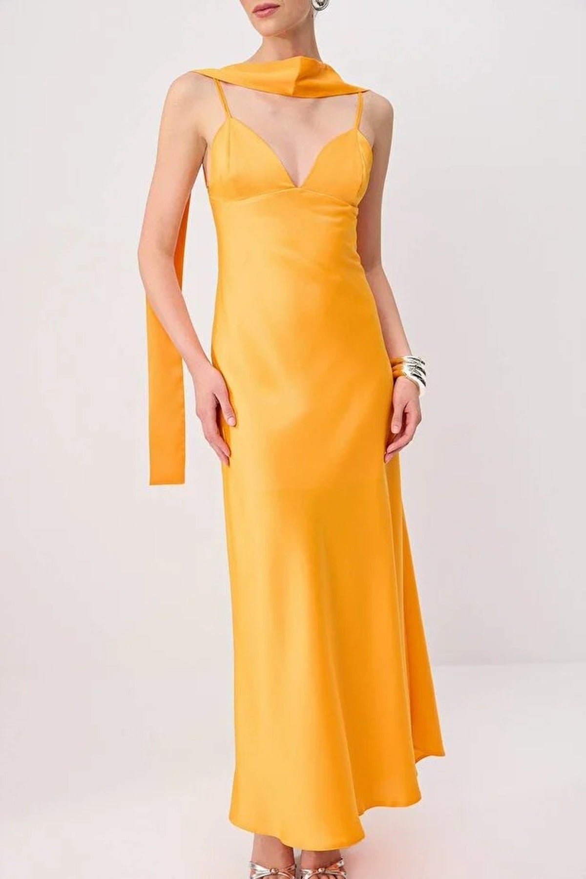 Scarf Detail Satin Maxi Dress with Strappy Design