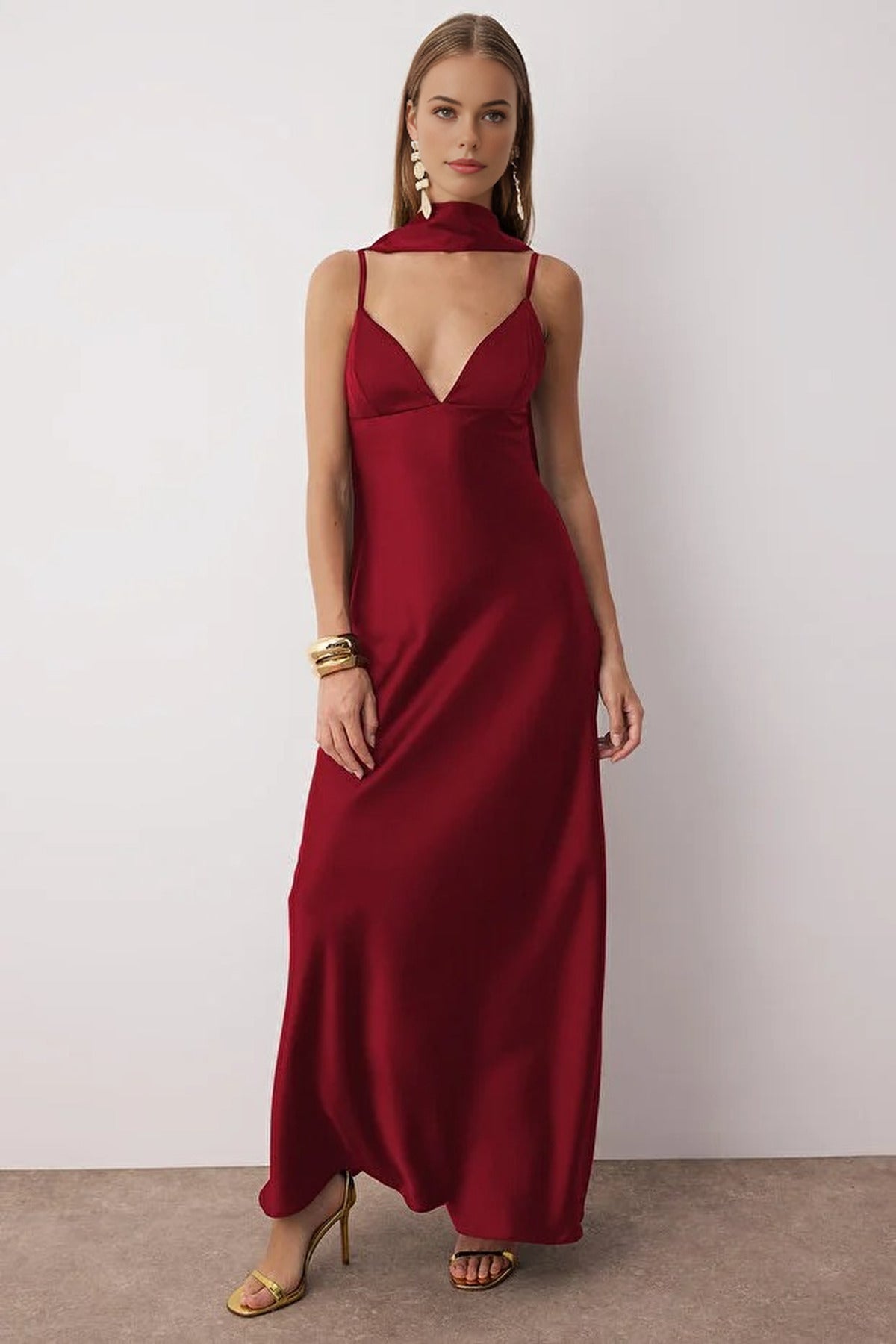 Scarf Detail Satin Maxi Dress with Strappy Design