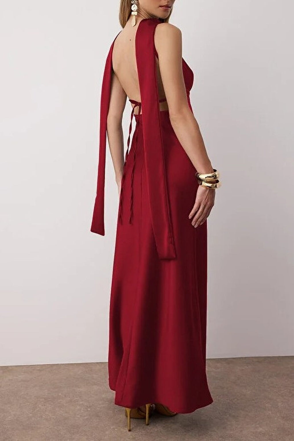 Scarf Detail Satin Maxi Dress with Strappy Design