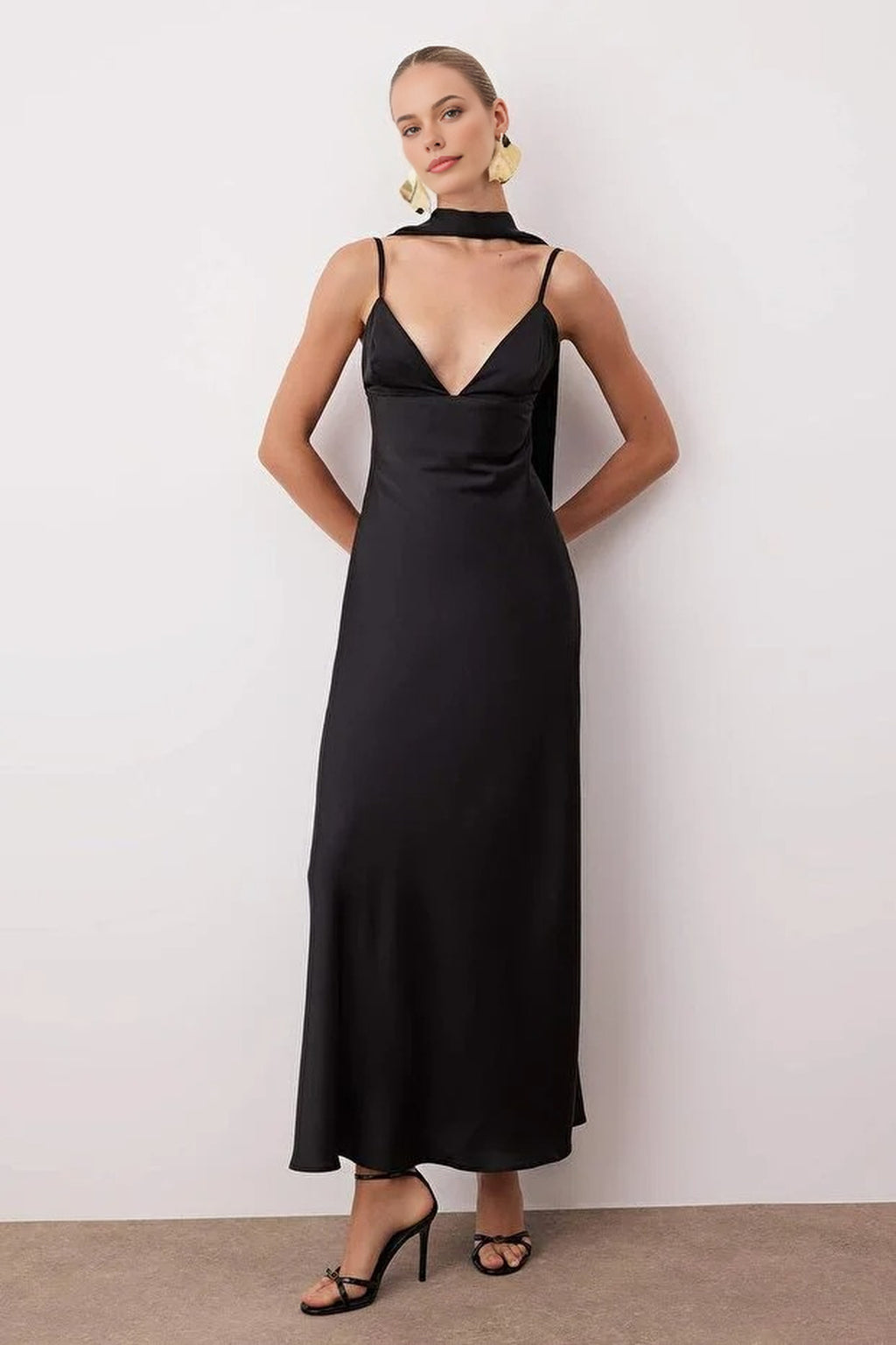 Scarf Detail Satin Maxi Dress with Strappy Design