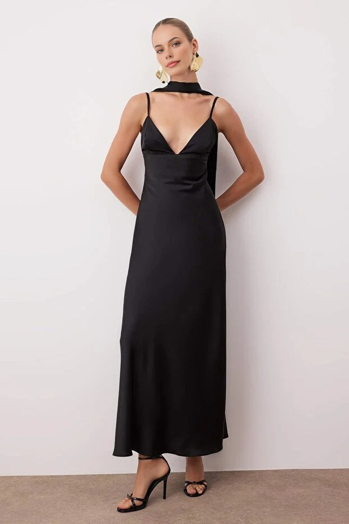 Scarf Detail Satin Maxi Dress with Strappy Design