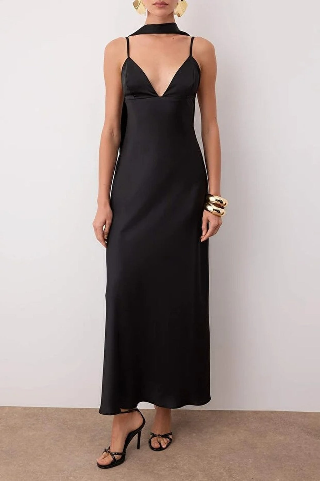 Scarf Detail Satin Maxi Dress with Strappy Design