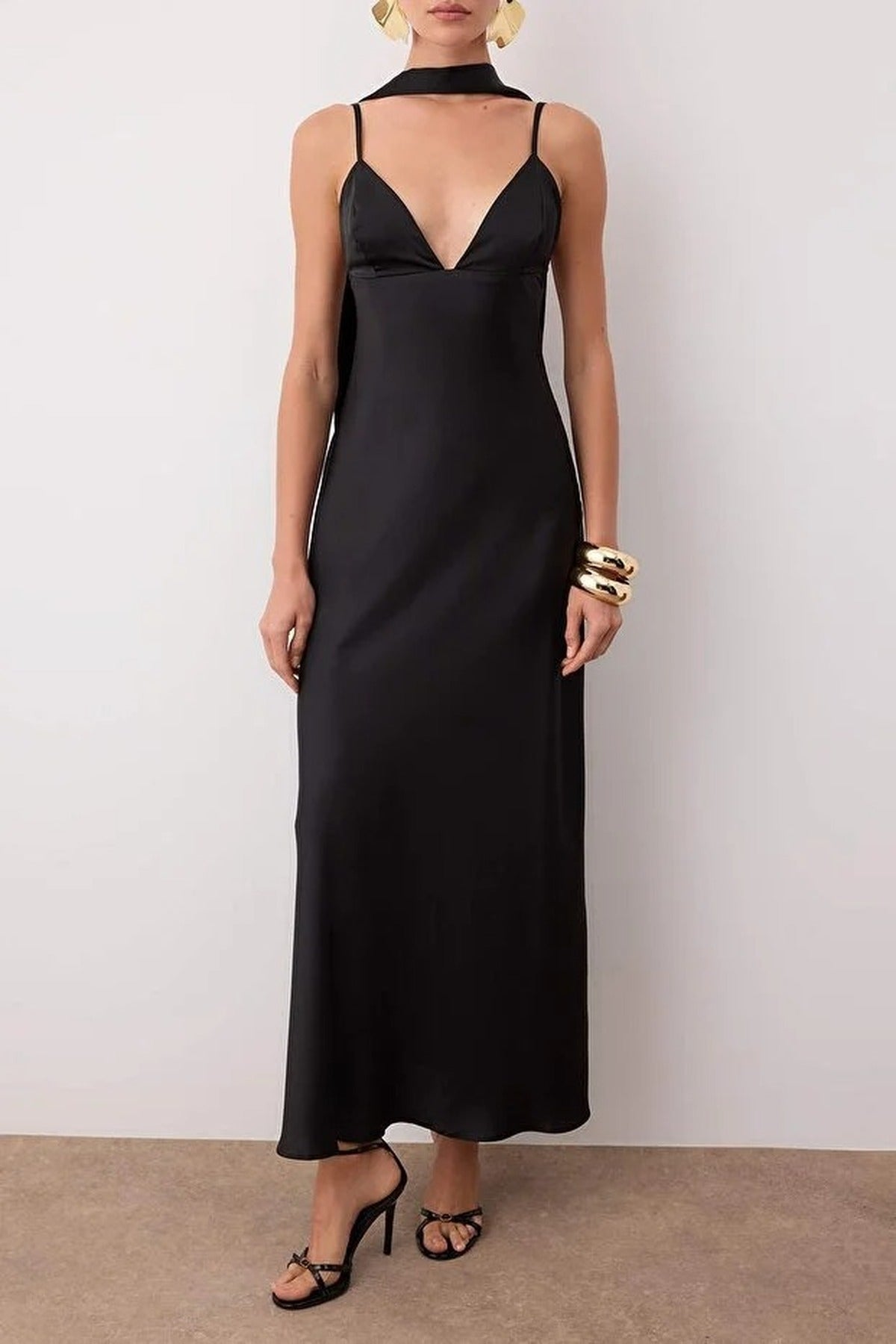 Scarf Detail Satin Maxi Dress with Strappy Design