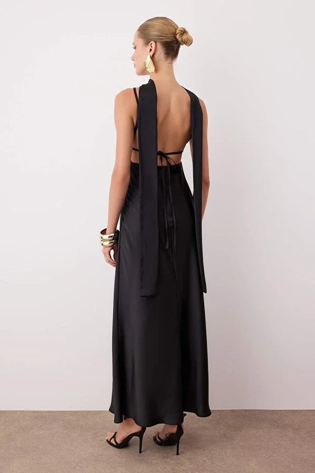 Scarf Detail Satin Maxi Dress with Strappy Design