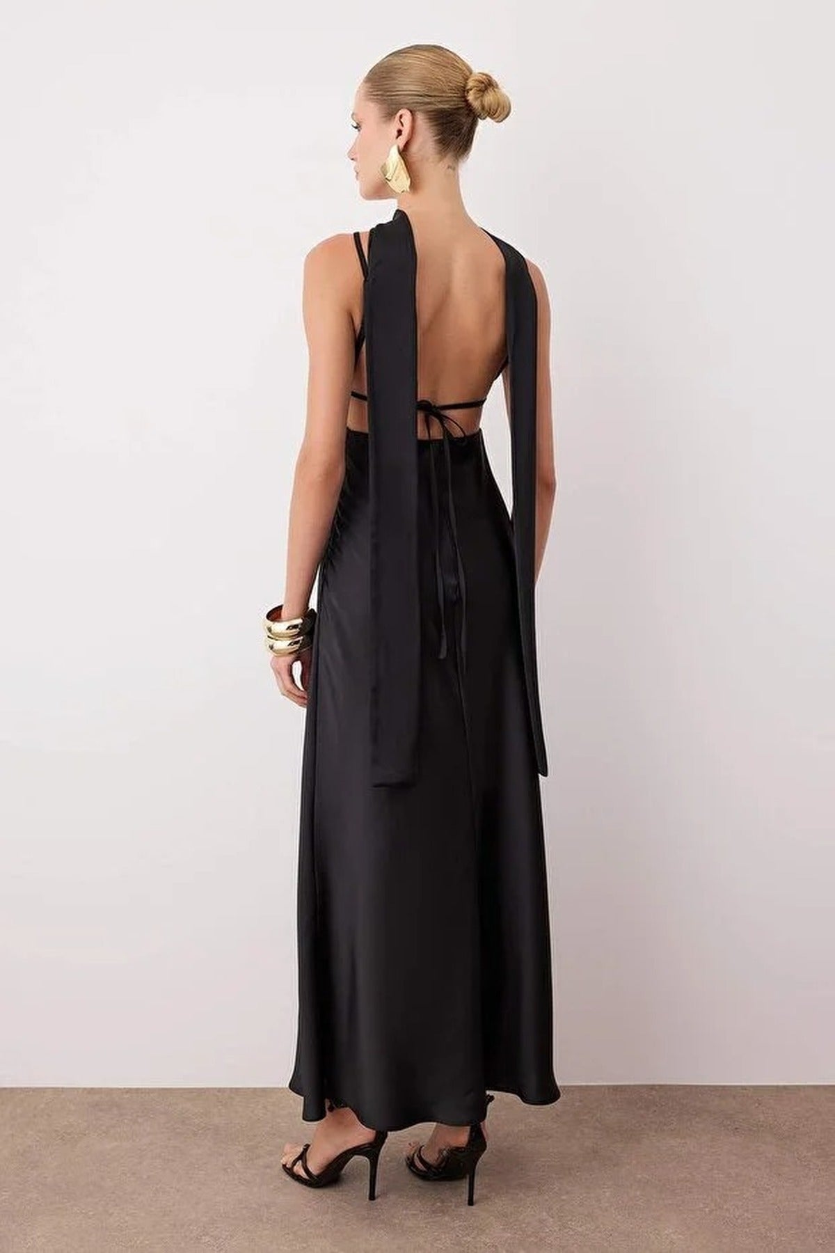 Scarf Detail Satin Maxi Dress with Strappy Design