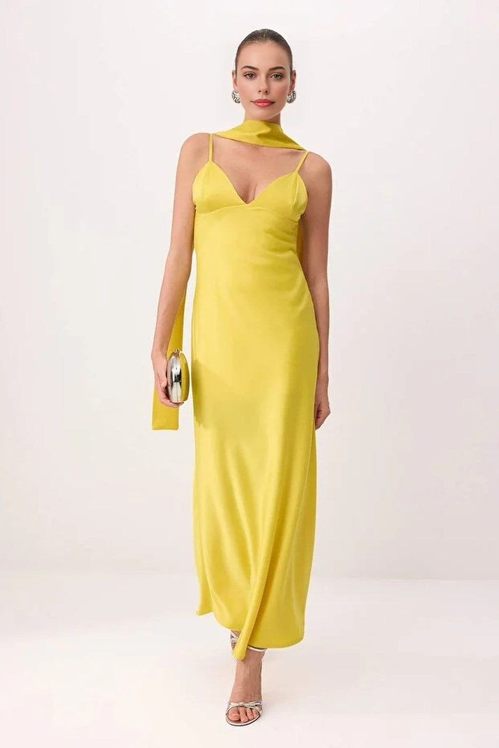 Scarf Detail Satin Maxi Dress with Strappy Design