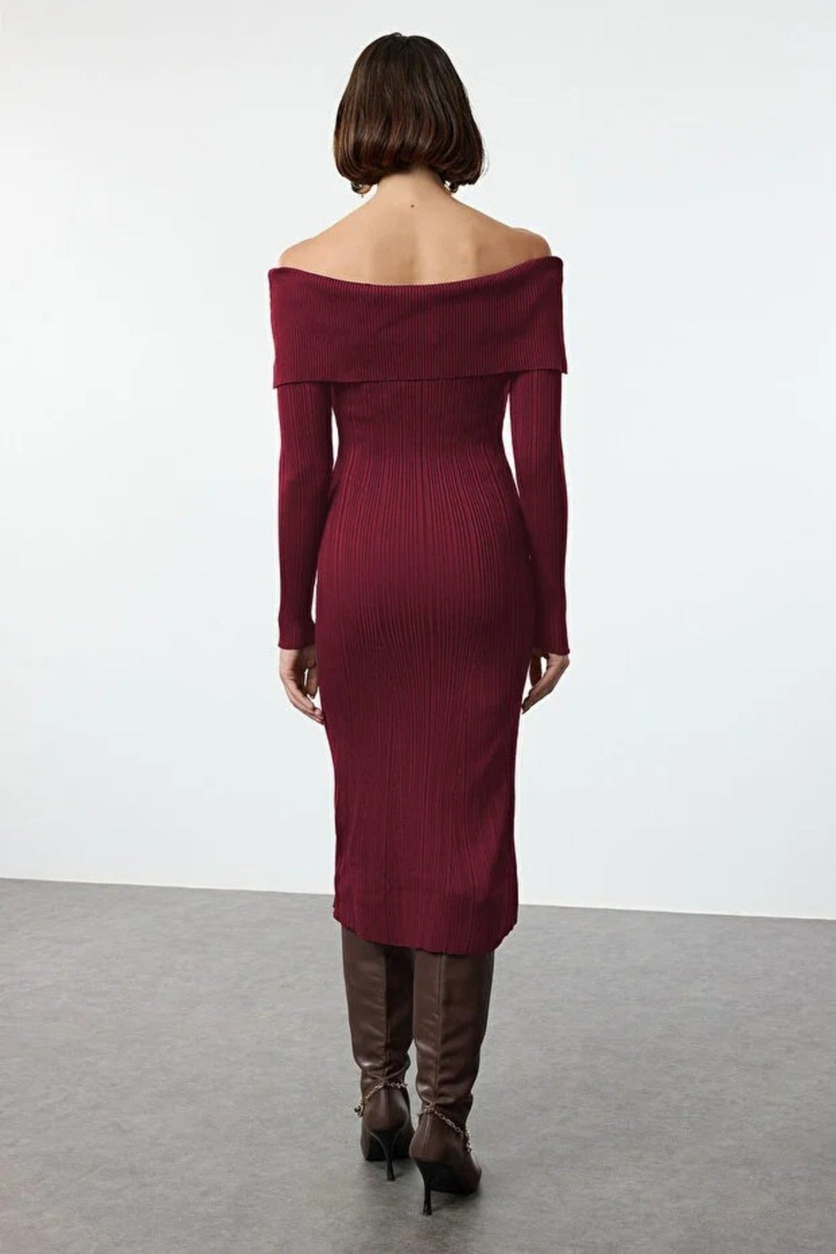 Midi Knit Basic Carmen Collar Dress