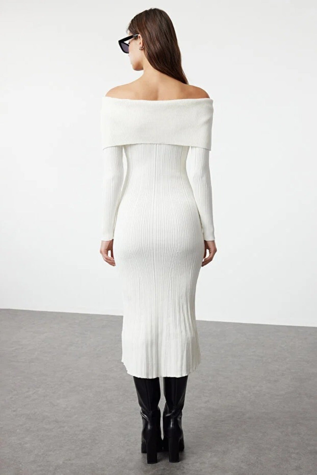 Midi Knit Basic Carmen Collar Dress