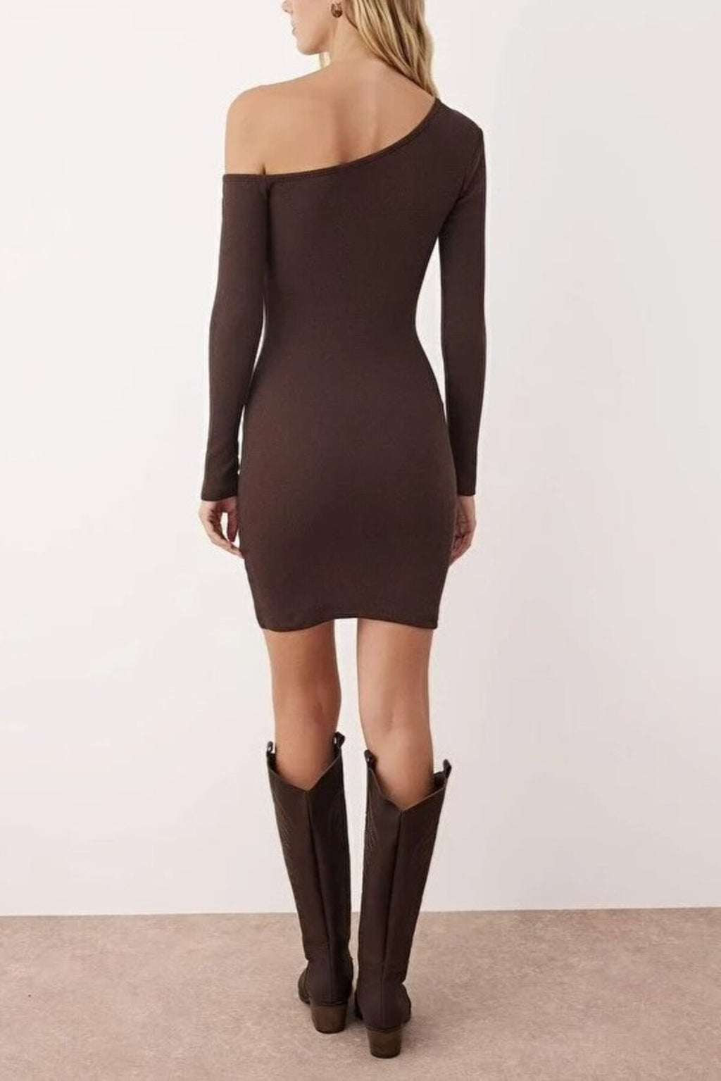 Asymmetrical Collar Mini Ribbed Knit Pencil Dress
