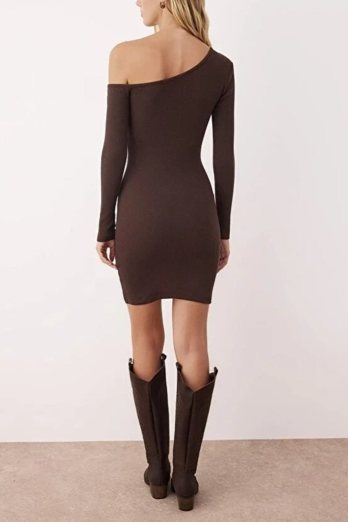 Asymmetrical Collar Mini Ribbed Knit Pencil Dress
