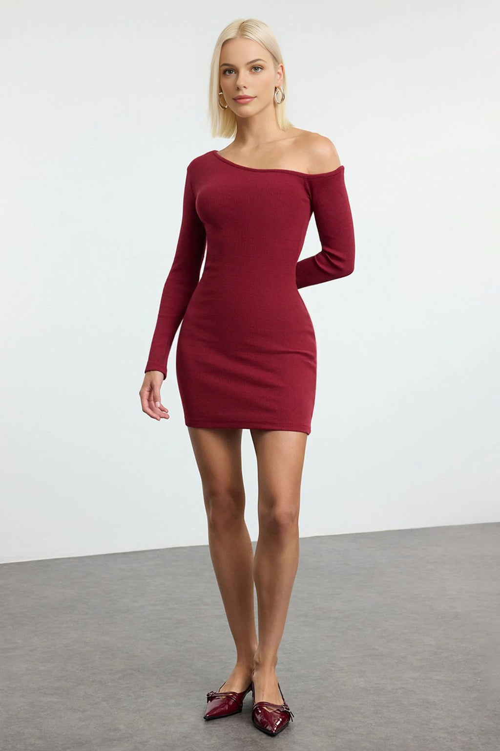 Asymmetrical Collar Mini Ribbed Knit Pencil Dress