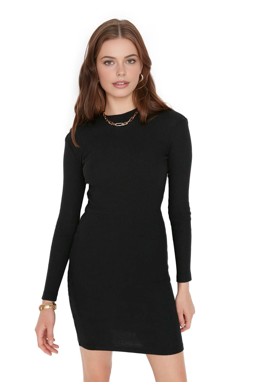 Fitted Mini Stand-Up Collar Knit Pencil Dress
