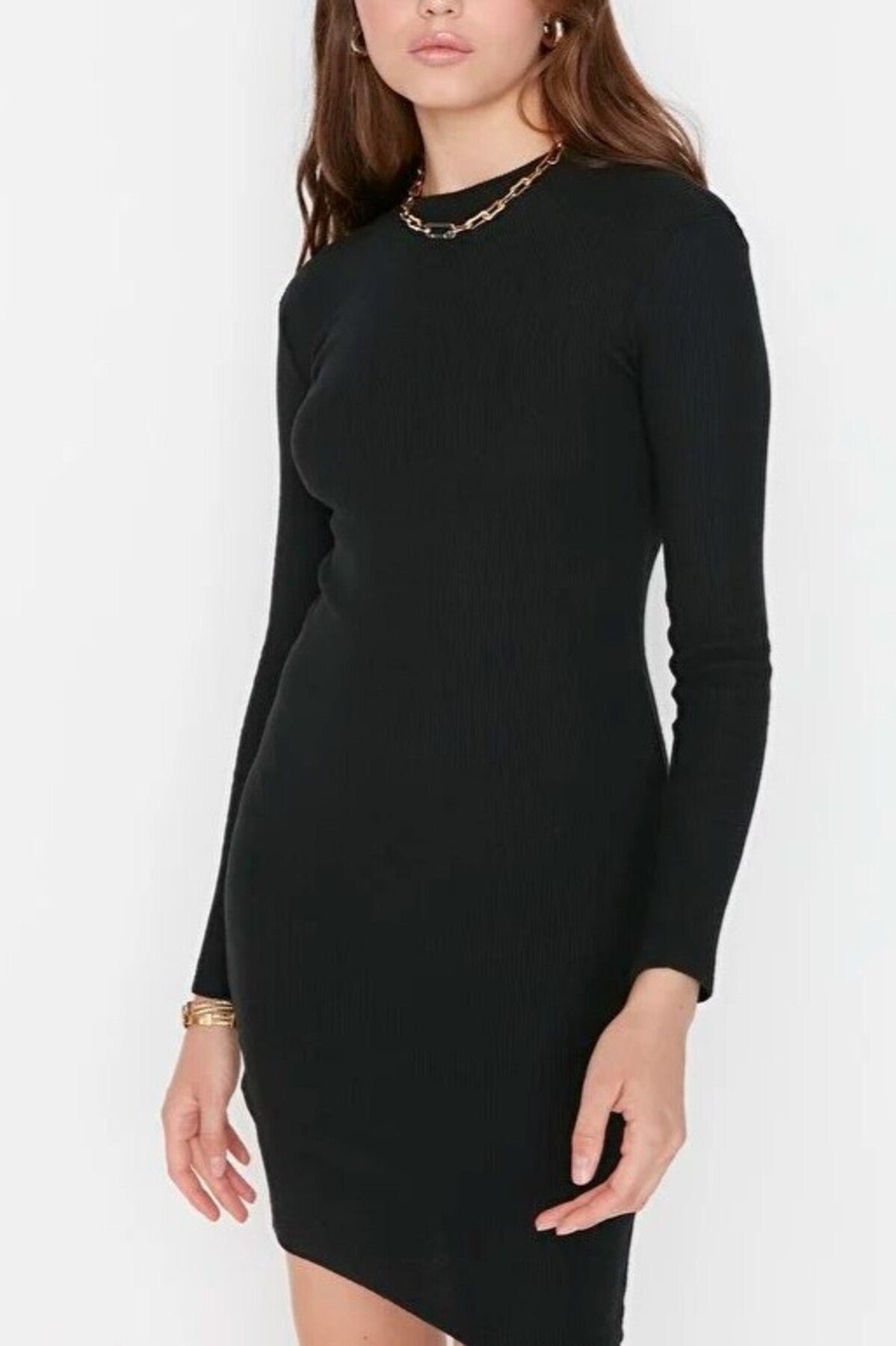 Fitted Mini Stand-Up Collar Knit Pencil Dress