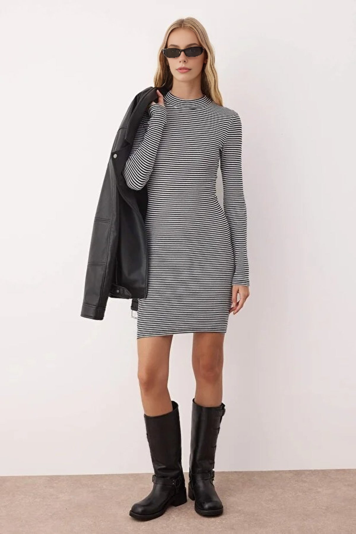 Fitted Mini Stand-Up Collar Knit Pencil Dress