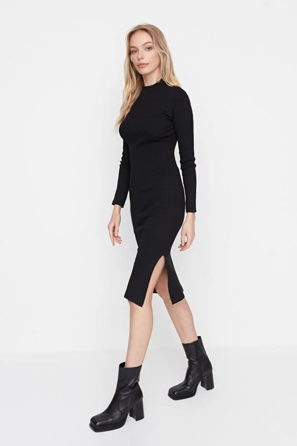 Crew Neck Midi Ribbed Stretch Knit Pencil Dress with Slit