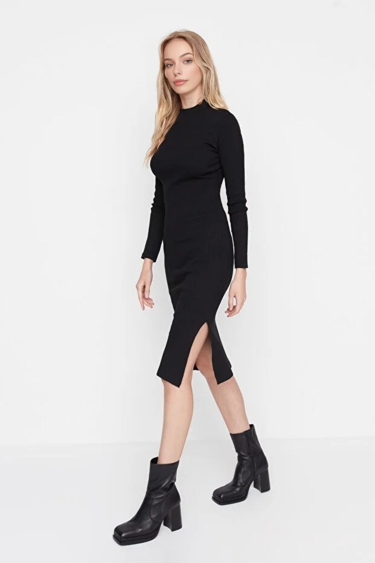 Crew Neck Midi Ribbed Stretch Knit Pencil Dress with Slit