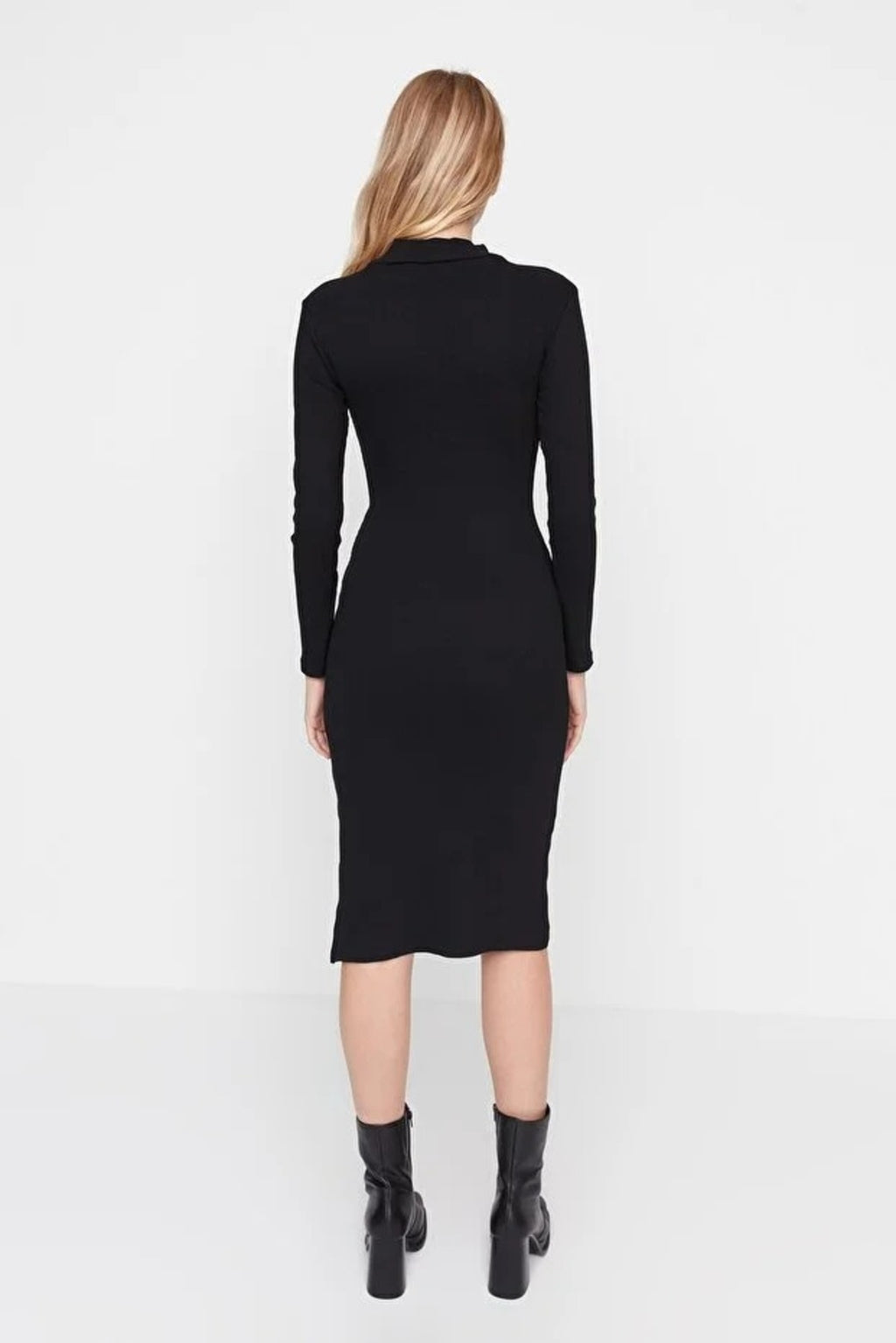 Crew Neck Midi Ribbed Stretch Knit Pencil Dress with Slit