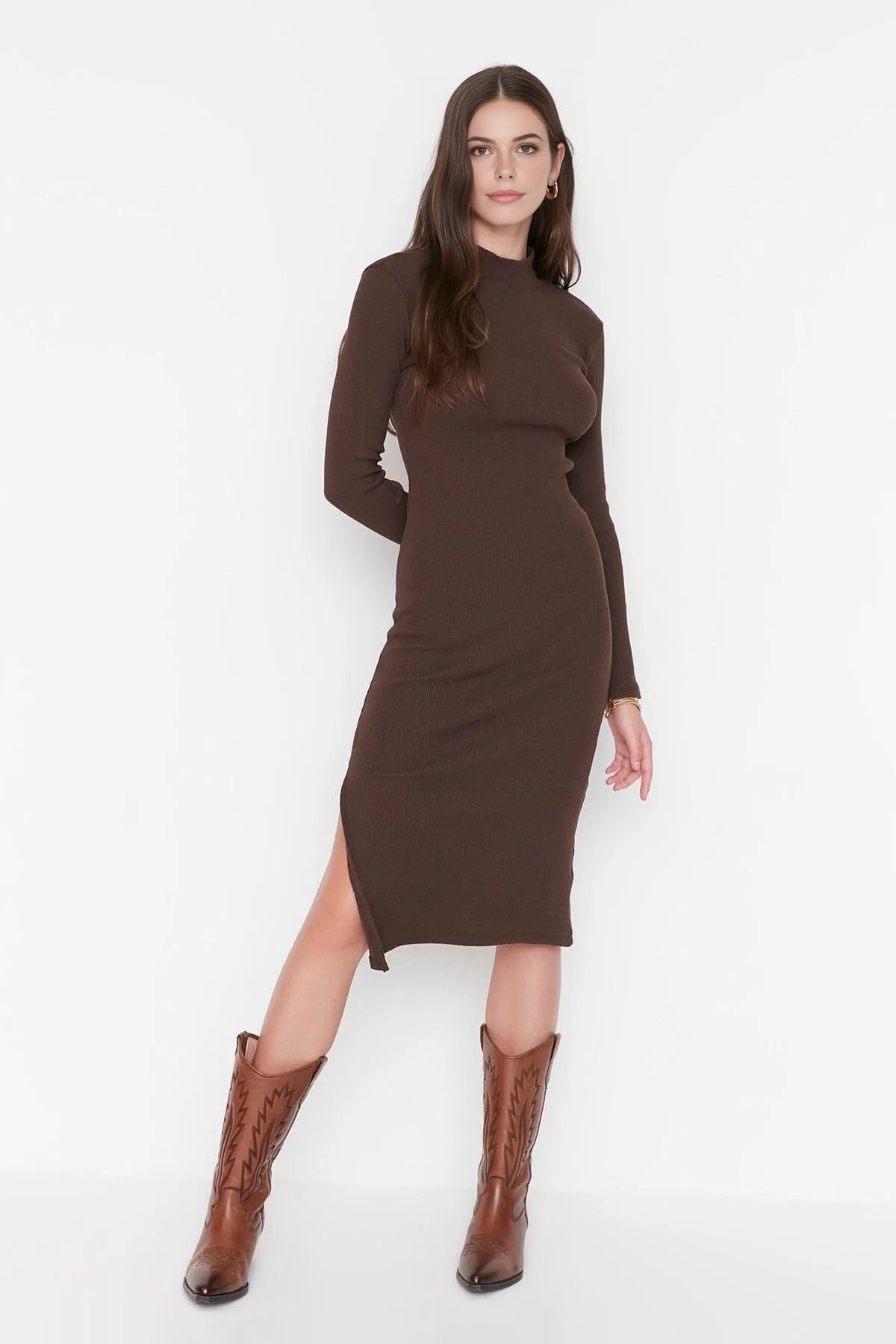 Crew Neck Midi Ribbed Stretch Knit Pencil Dress with Slit
