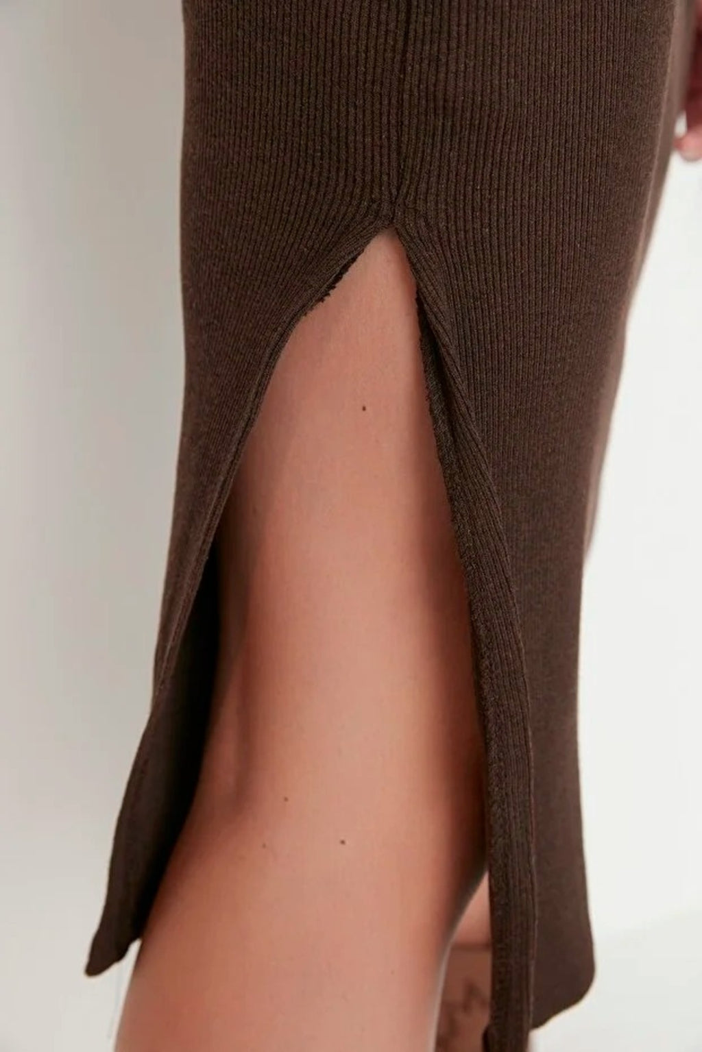 Crew Neck Midi Ribbed Stretch Knit Pencil Dress with Slit