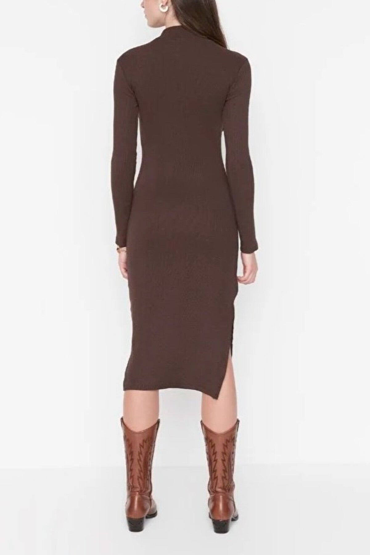 Crew Neck Midi Ribbed Stretch Knit Pencil Dress with Slit