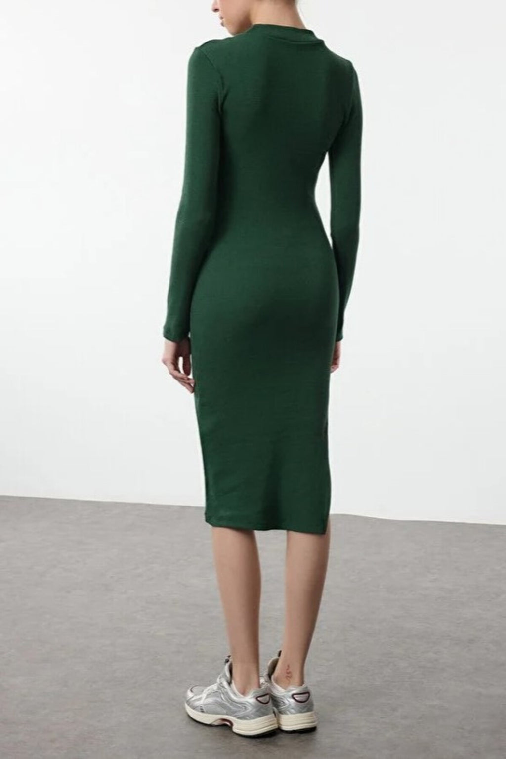 Crew Neck Midi Ribbed Stretch Knit Pencil Dress with Slit