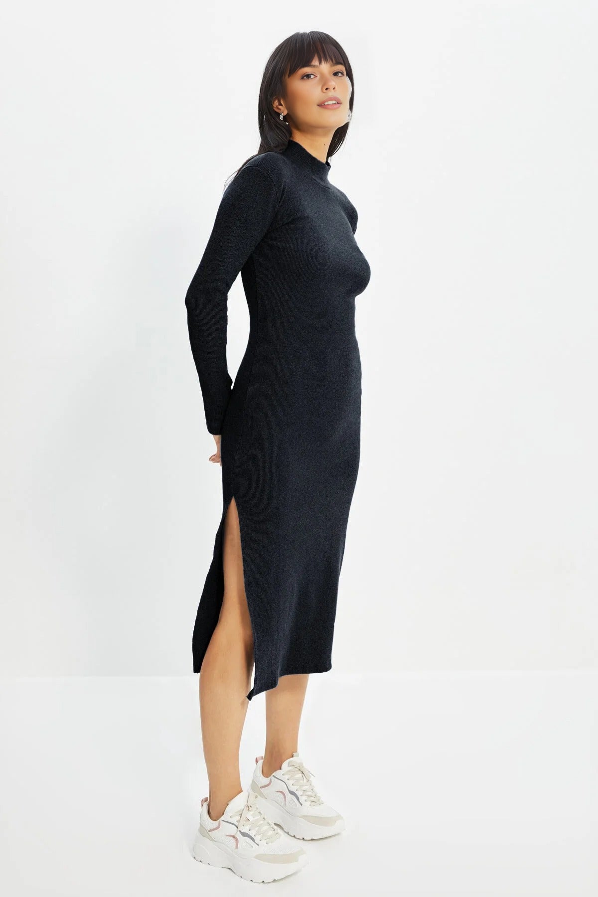 Crew Neck Midi Ribbed Stretch Knit Pencil Dress with Slit