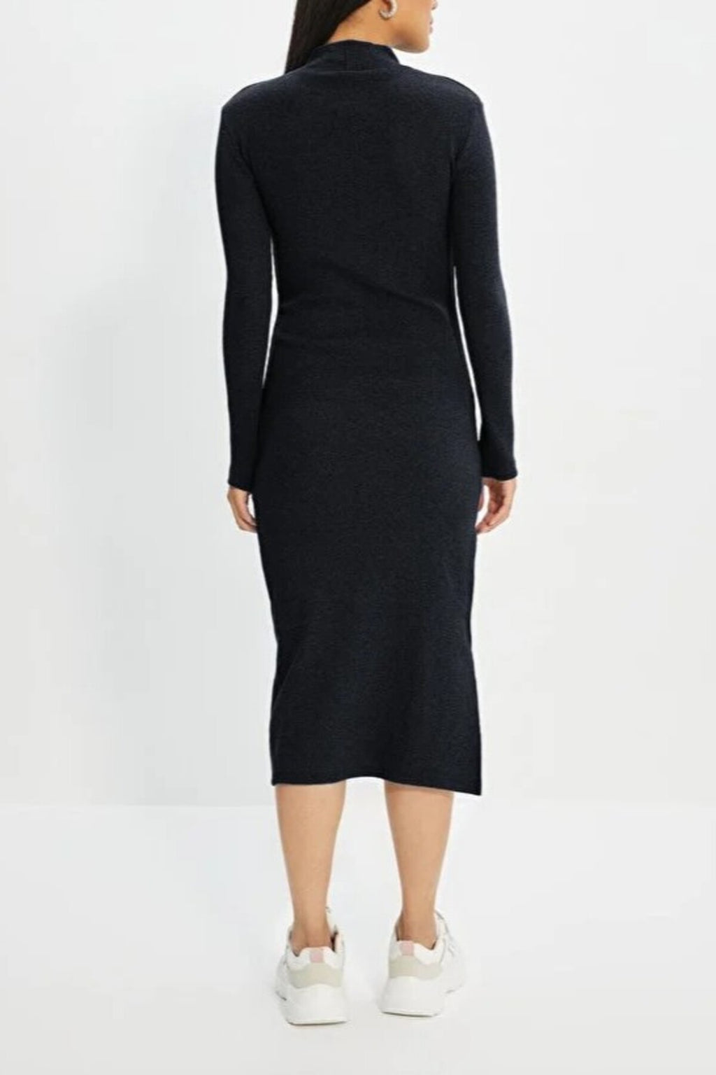 Crew Neck Midi Ribbed Stretch Knit Pencil Dress with Slit