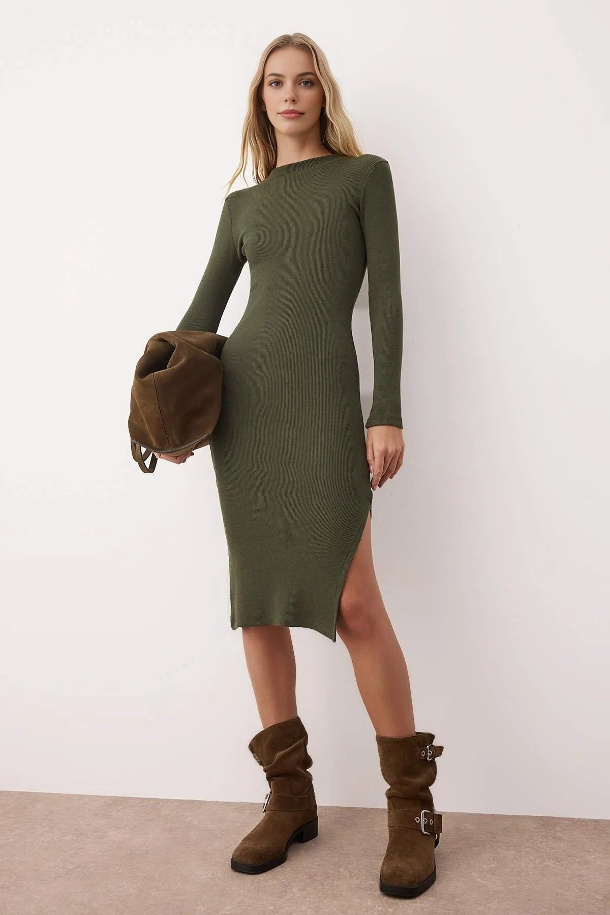 Crew Neck Midi Ribbed Stretch Knit Pencil Dress with Slit