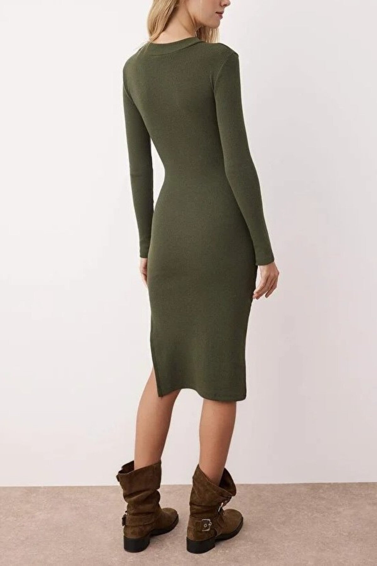 Crew Neck Midi Ribbed Stretch Knit Pencil Dress with Slit