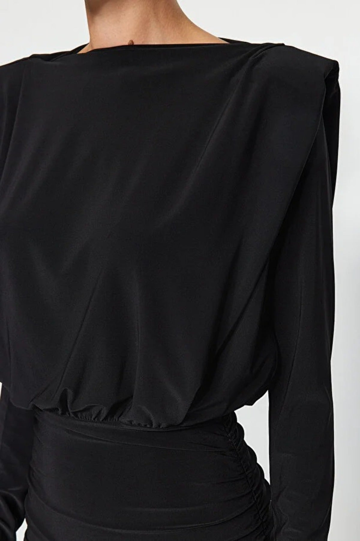 Draped Mini Pencil Dress with Padded Shoulders