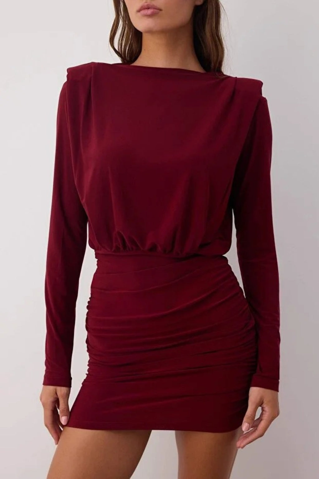 Draped Mini Pencil Dress with Padded Shoulders