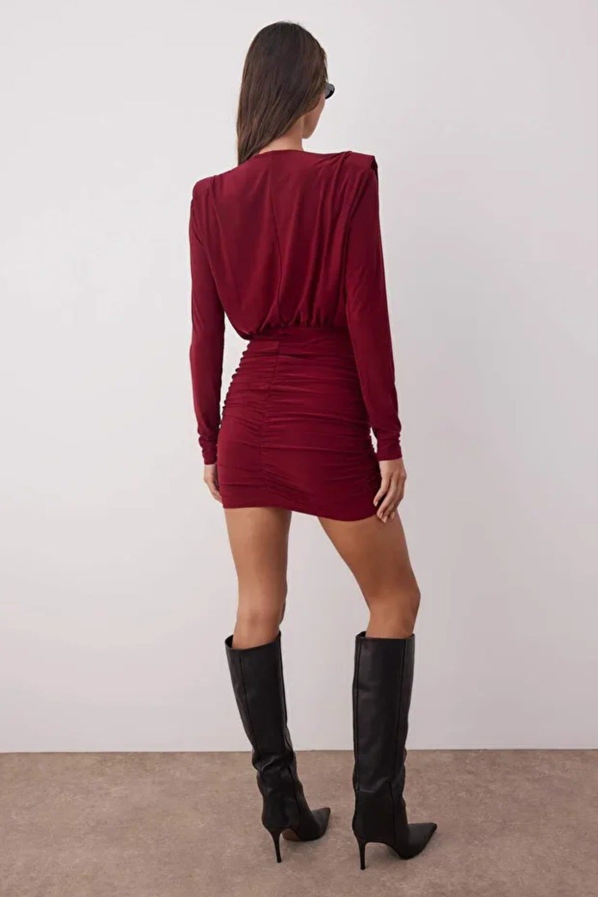 Draped Mini Pencil Dress with Padded Shoulders