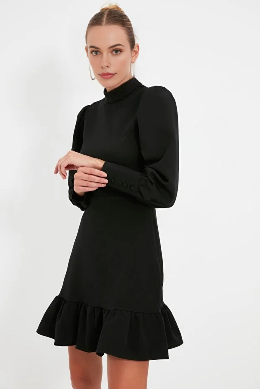 A-Line Stand-Neck Mini Woven Dress with Gathered Skirt