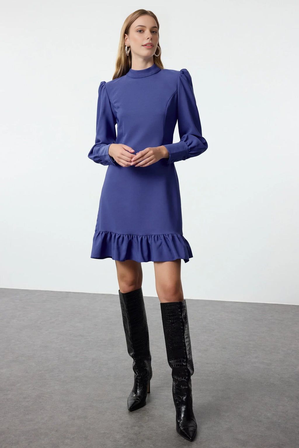 A-Line Stand-Neck Mini Woven Dress with Gathered Skirt