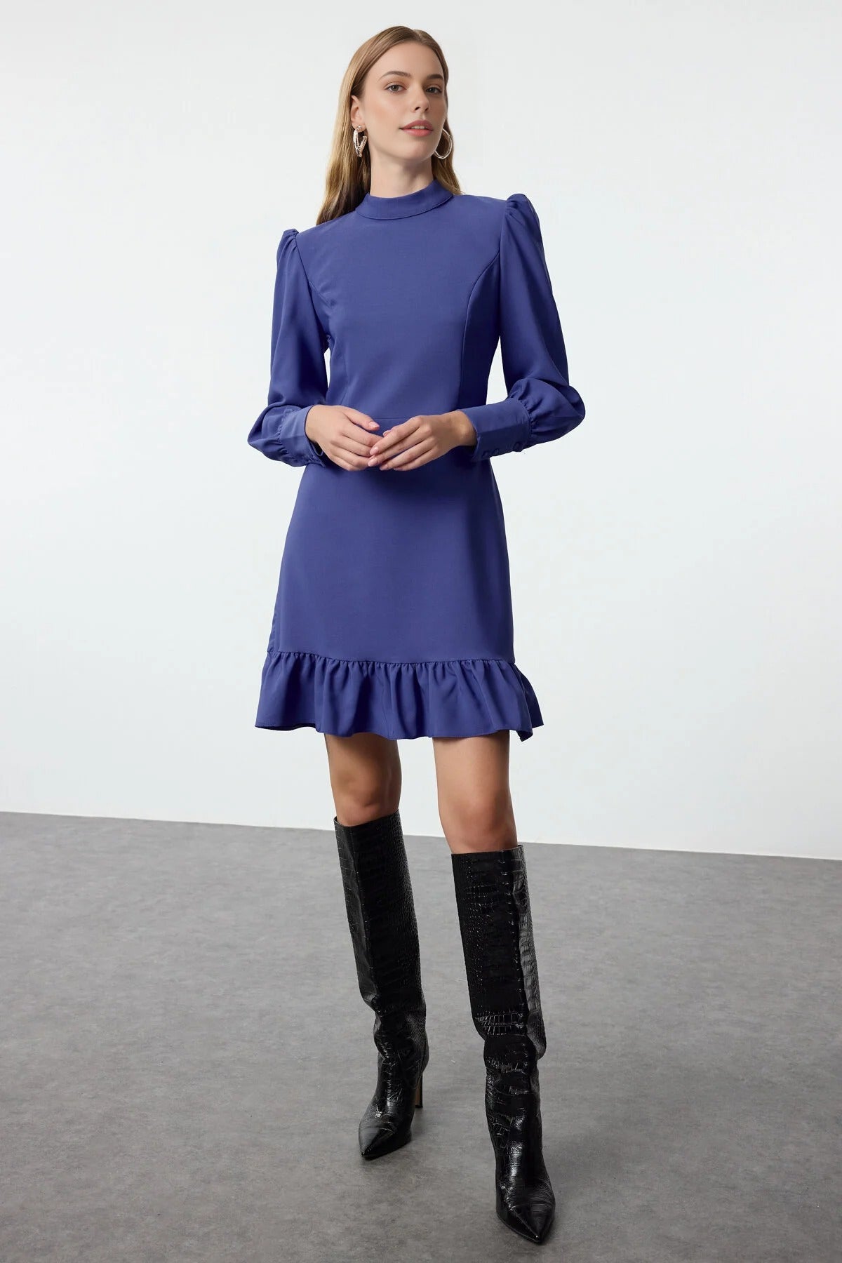 A-Line Stand-Neck Mini Woven Dress with Gathered Skirt