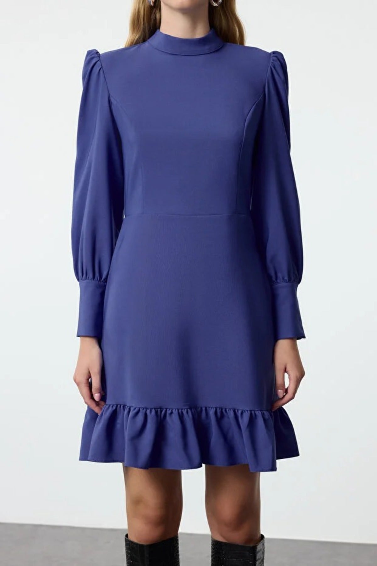 A-Line Stand-Neck Mini Woven Dress with Gathered Skirt