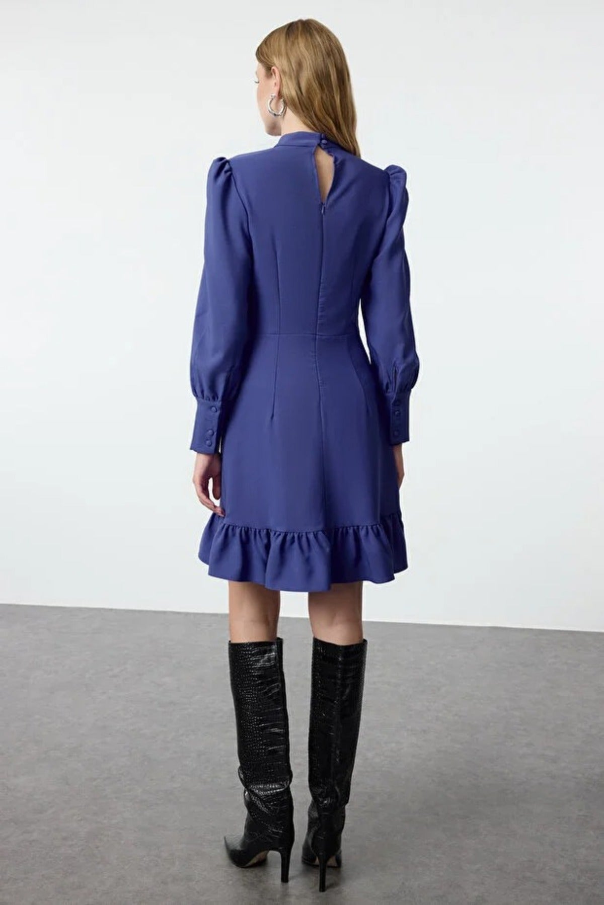A-Line Stand-Neck Mini Woven Dress with Gathered Skirt