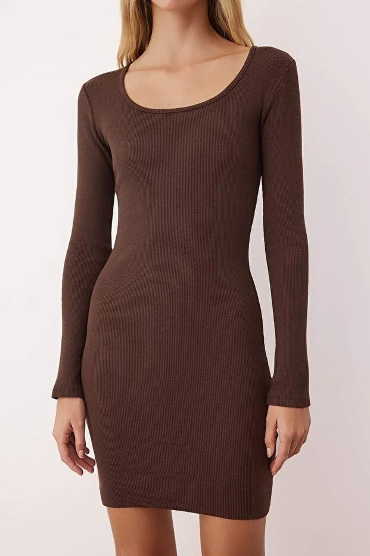 Crew Neck Mini Ribbed Knit Pencil Dress