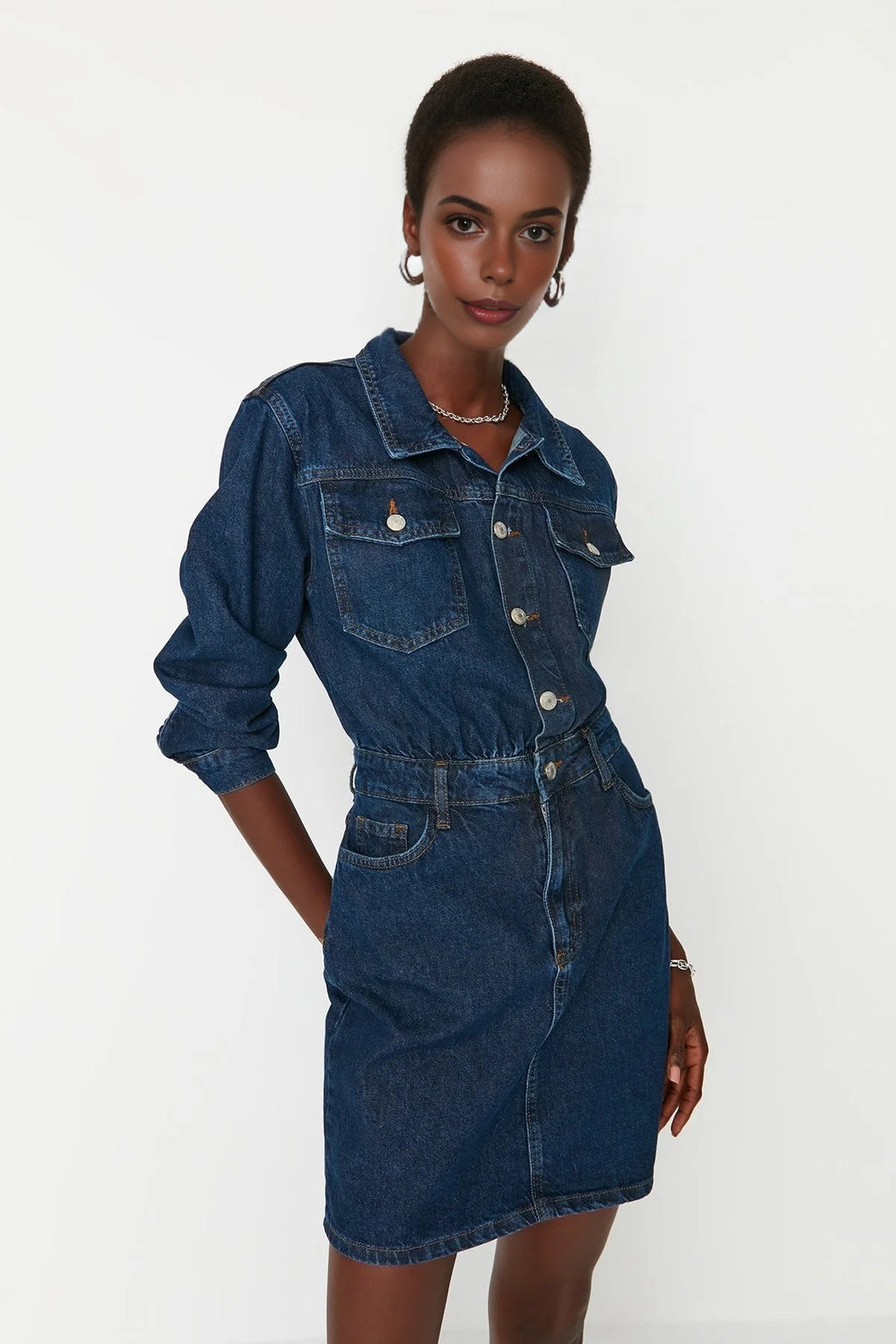 Mini Denim Shirt Dress with Pocket Detail