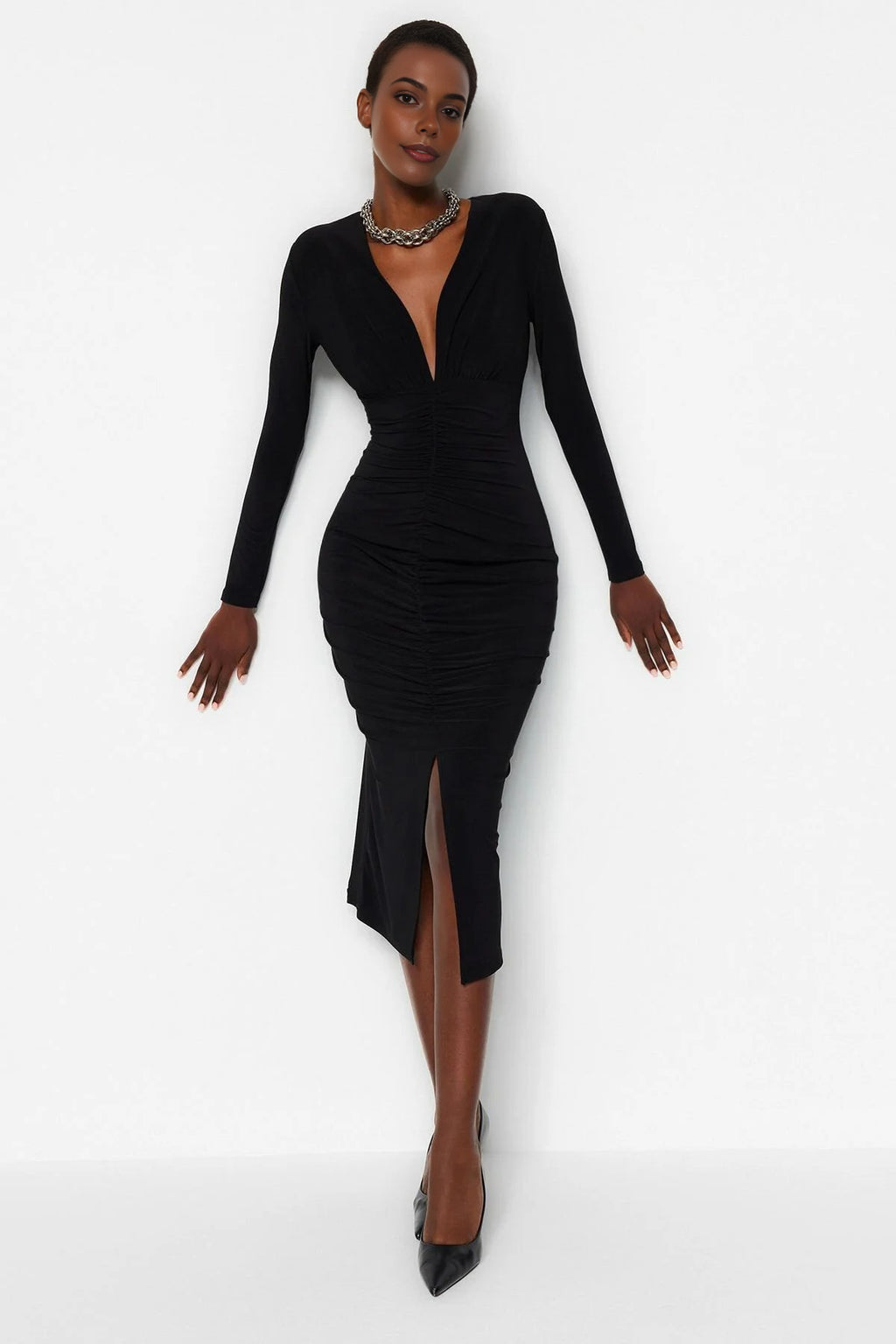 Draped V-Neck Midi Knit Pencil Dress