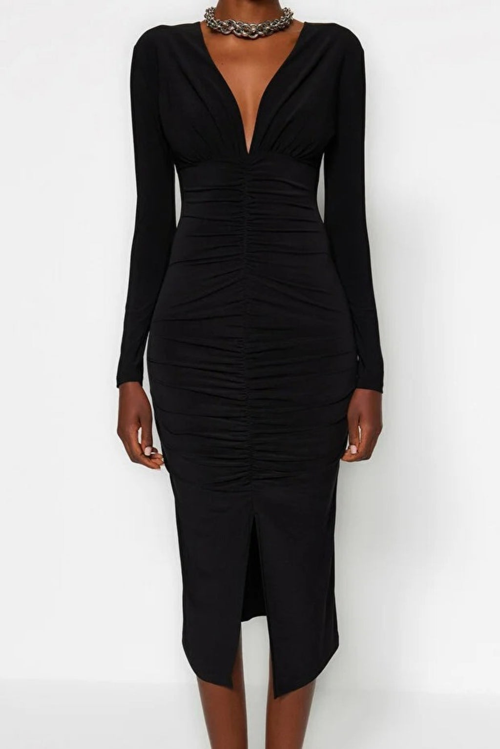 Draped V-Neck Midi Knit Pencil Dress