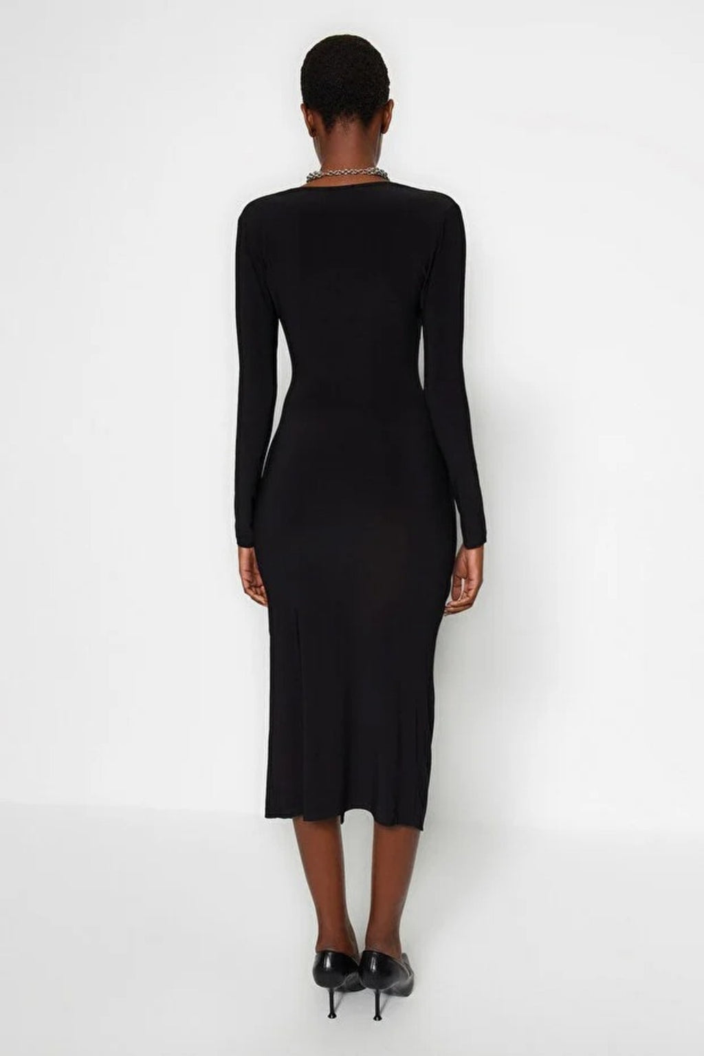 Draped V-Neck Midi Knit Pencil Dress