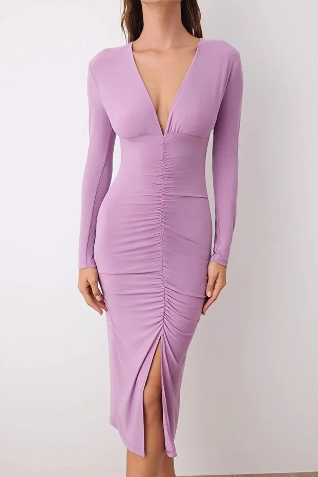 Draped V-Neck Midi Knit Pencil Dress